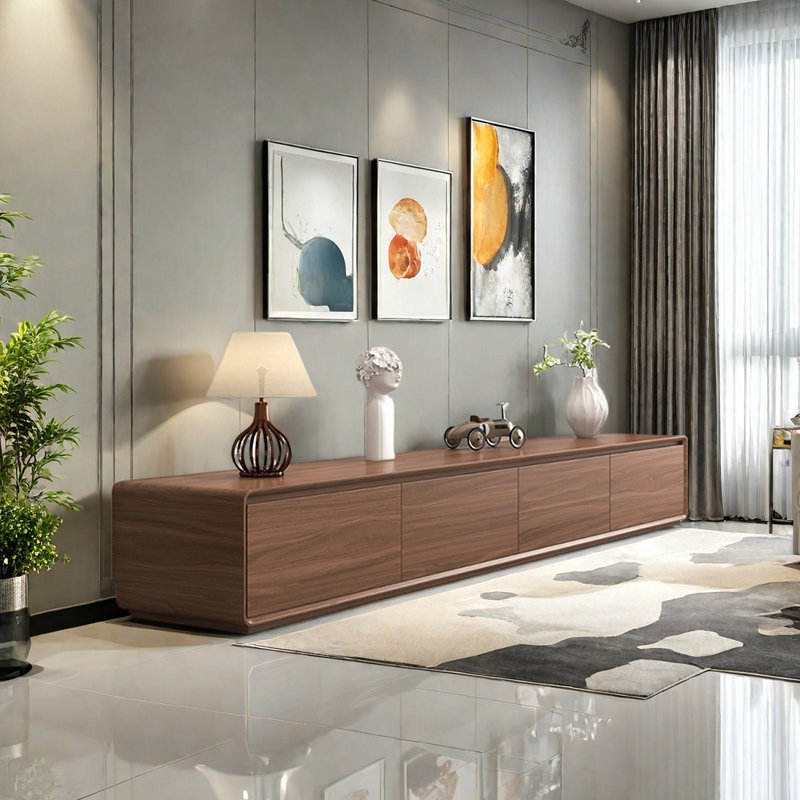 Meuble télé multi-tiroirs avec base pleine, Tanné, H 13,77 po x L 94,48 po x l 15,74 po
