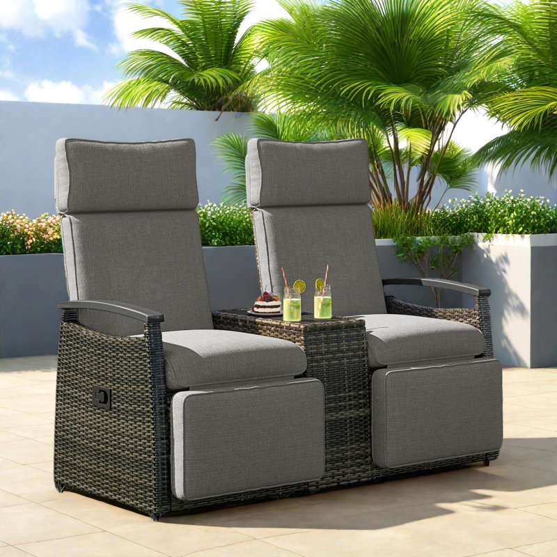 Patio Wicker Outdoor Lounge Chair Set With Adjustable Backrests And Built-in Storage Table, Brown