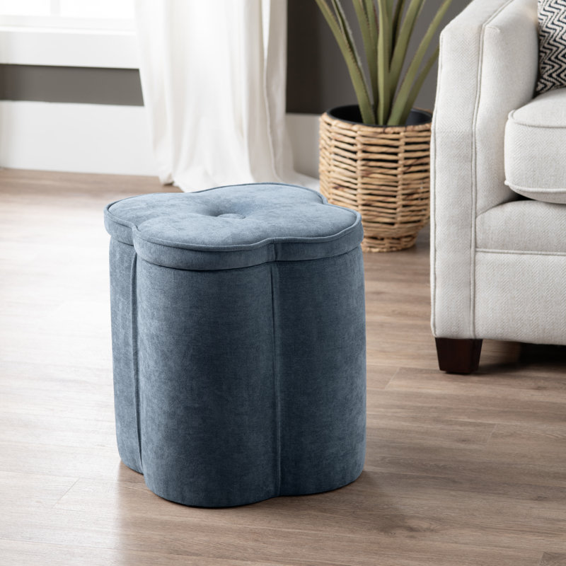 Chenille Flower Ottoman W/ Storage, Navy