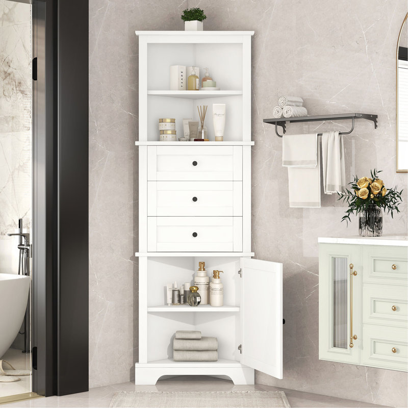 Triangle Tall Cabinet With 3 Drawers And Adjustable Shelves For Bathroom, Kitchen Or Living Room, MDF Board With Painted Finish