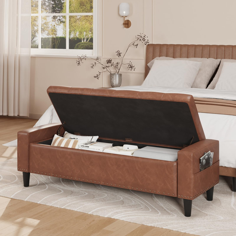 60" Faux Leather Storage Ottoman Bench, Brown