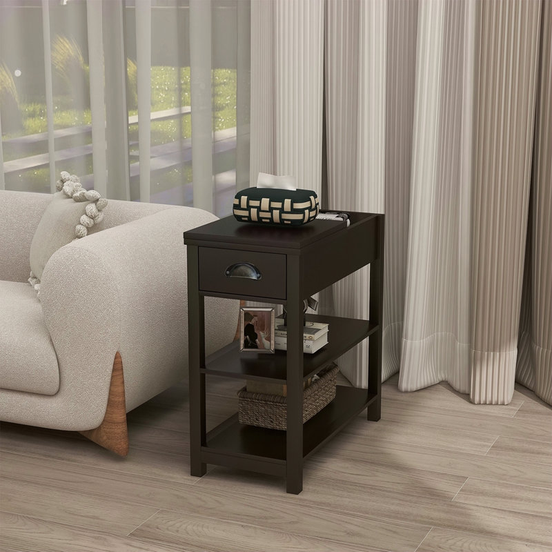 Narrow Sided Table With Drawers And Bottom Partition In Flip Over Design, Brown