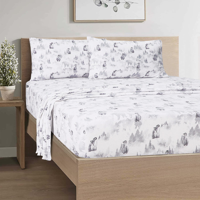 Ensemble de draps 100% flanelle de coton Colyt, Ensemble pour très grand lit + drap-housse + 2 ta, Pingouin
