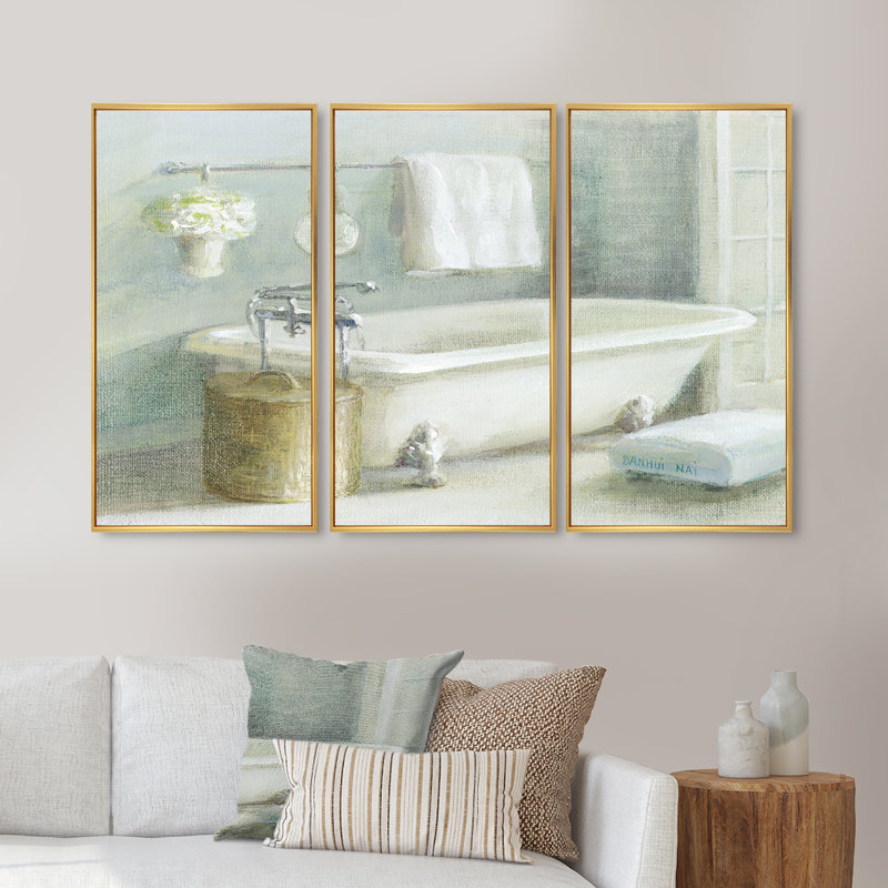 «Pastel Bath I», ensemble d'art mural sur toile encadré traditionnel de 3, H 20 po x l 36 po x P 1 po, Or
