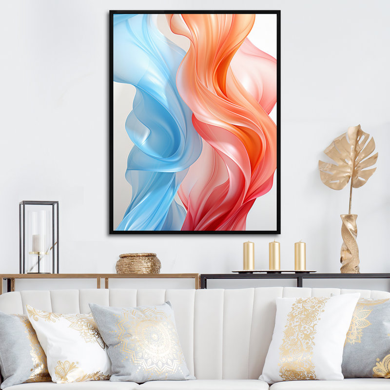 Ondes abstraites contemporaines orange et bleu I - impression, Cadre flottant noir, H 32 po x l 16 po x P 1 po