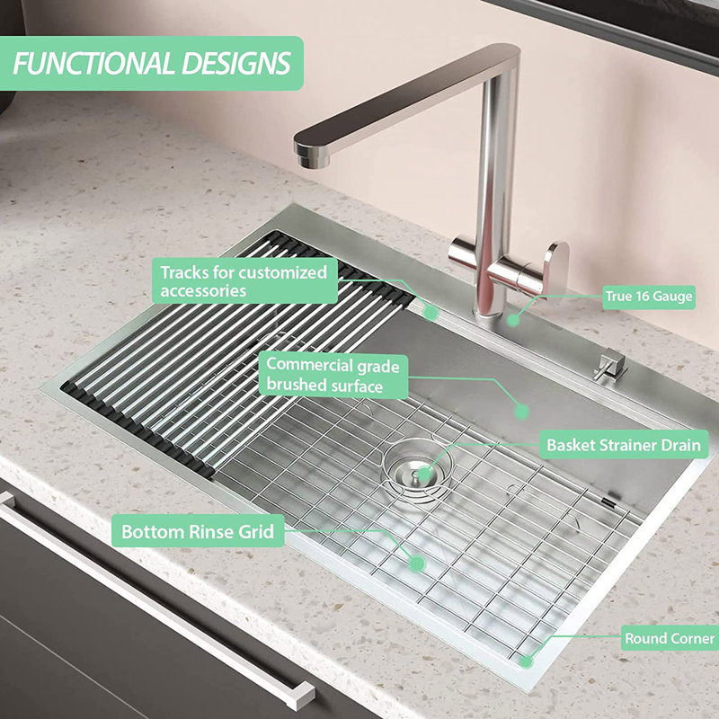 Stainless Steel 30 In 2-Hole Single Bowl Drop-In Workstation Kitchen Sink With Bottom Grid And Basket Strainer