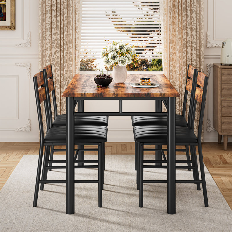 5-Piece Dining Table Set For 4, Kitchen Table With 4 Pu Upholstered Dining Chairs, Brown
