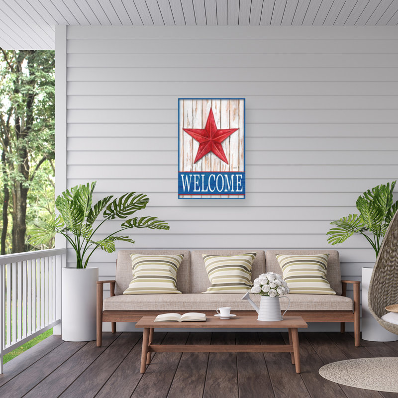 Toile d'extérieur Melinda Hipsher «Welcome Barn Starred White Blue», H 32 po x l 22 po x P 1,5 po