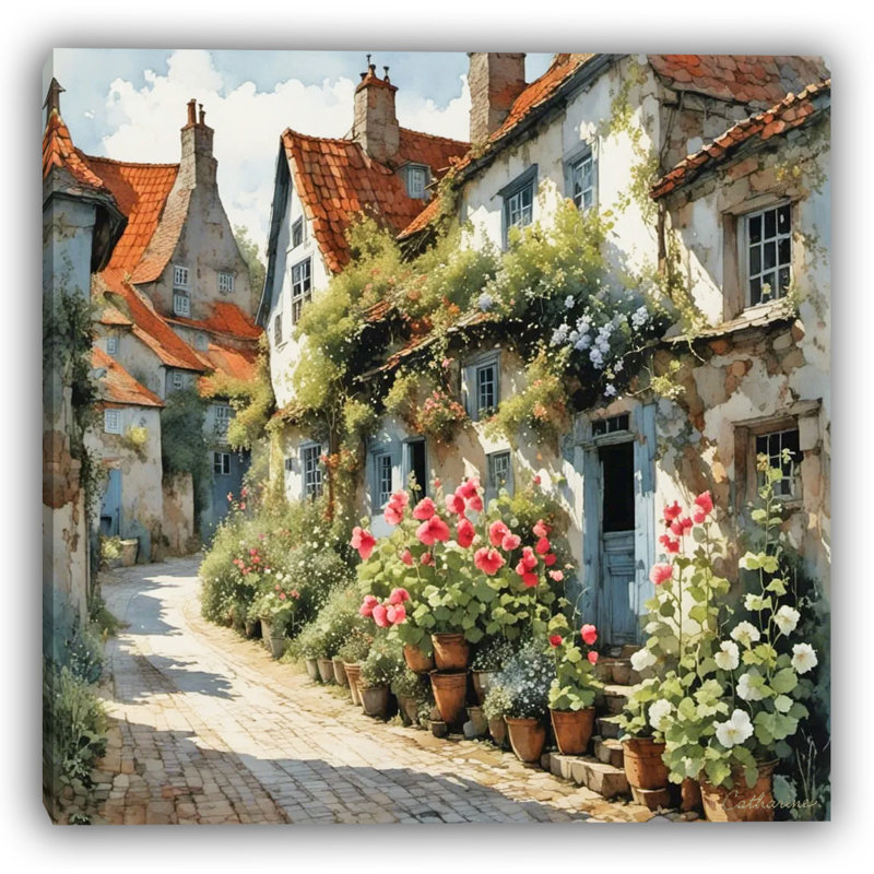 «Sunlit Hollyhocks Lane» - Art rétro sur toile à motif floral de village