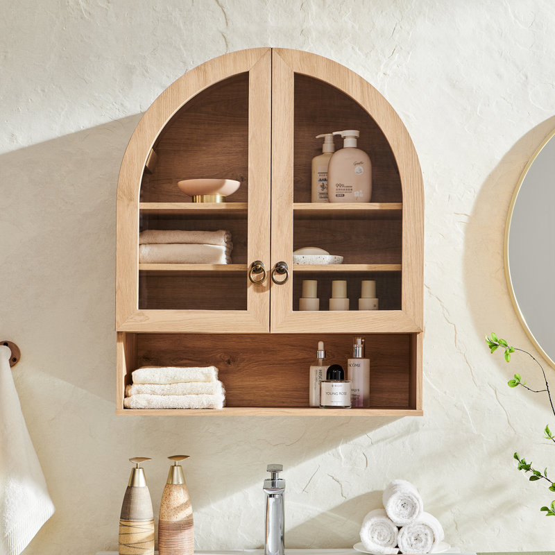  Armoire murale de salle de bain arquée Ahart avec 2 portes en verre et tablette ouverte de 23,6 po, Naturel, 1