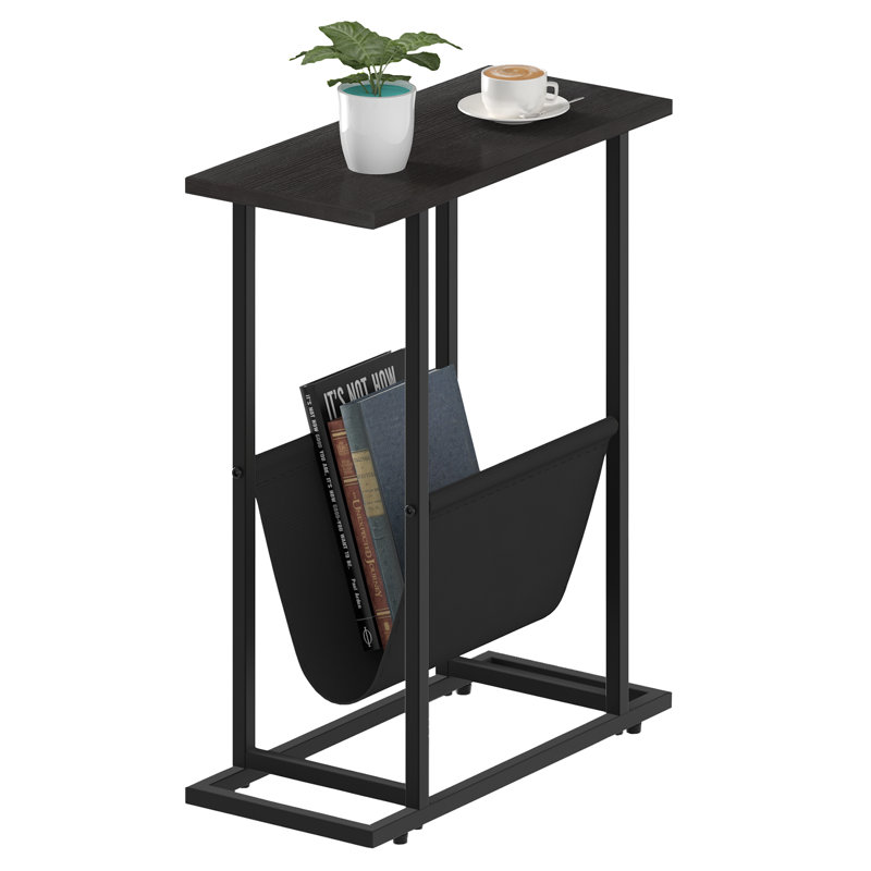 Side Table for Small Spaces, Narrow End Table With Magazine Holder Sling, Skinny Nightstand for Bedroom, Black, Black