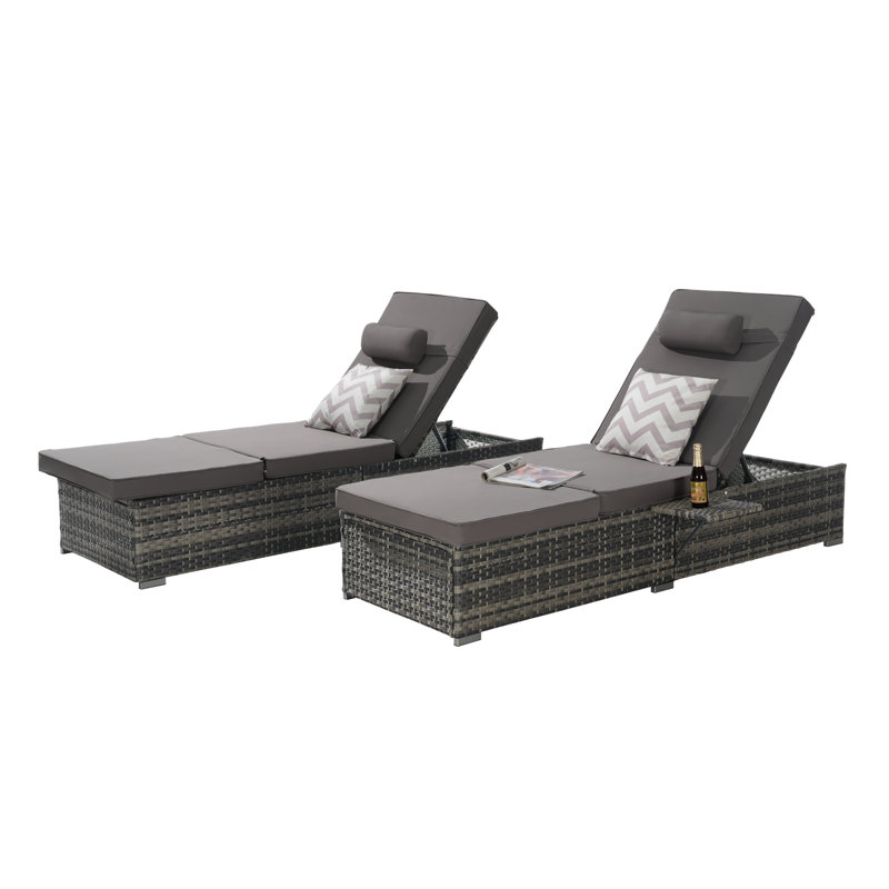 Outdoor Chaise Lounges With Adjustable Backrest And Storage For Outside, Gray Cushion/Gray Frame