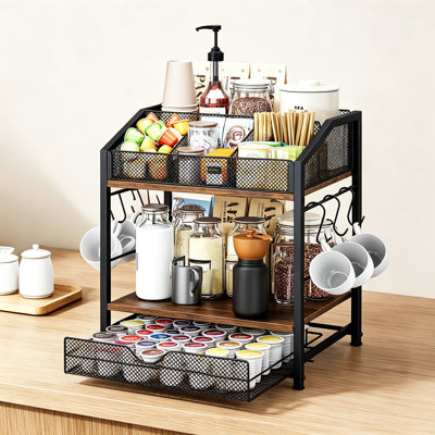 Coffee Bar Organizer, Countertop Coffee Station with 42 K Cup Holder, Storage Drawer, and Hooks for Syrup, Cups, Stirrers, Condiments, Tea Bags