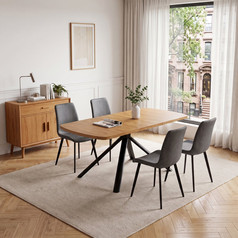 Ensemble de salle à manger 5 pièces, table en chêne et chaises rembourrées, Ensemble de cinq pièces : table, quatre chaises