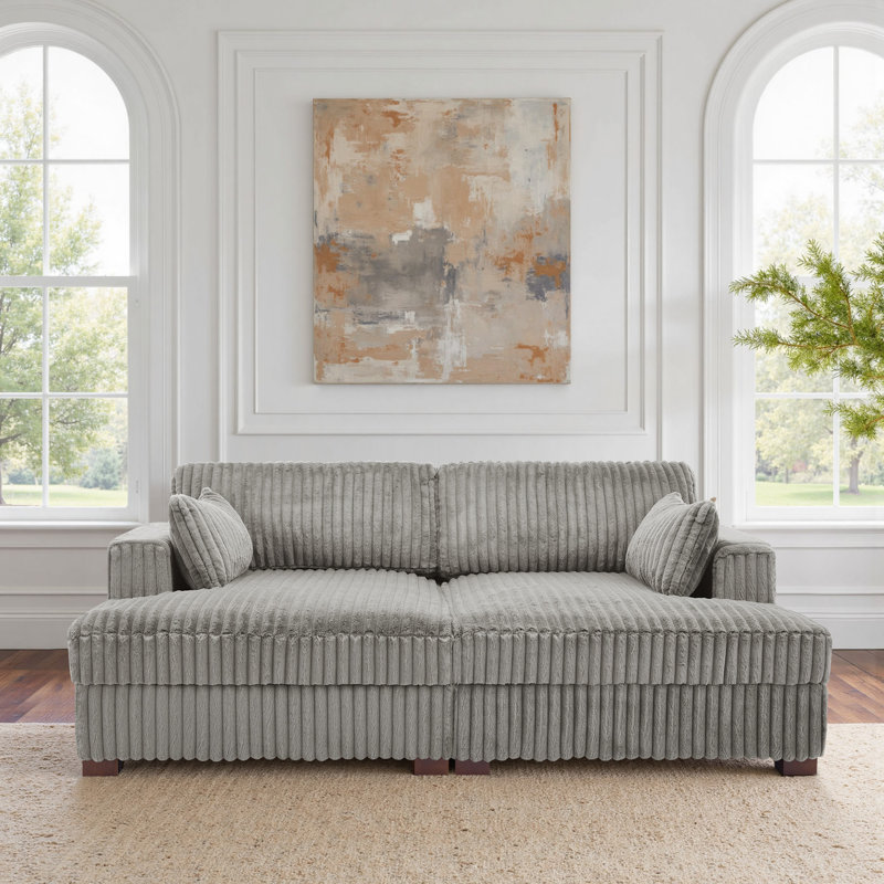 Bentura Oversized Upholstered Light Gray Faux Rabbit Fur Flannel  Sleeper Sofa Bed Lounge sofa with Armrests & Throw Pillows