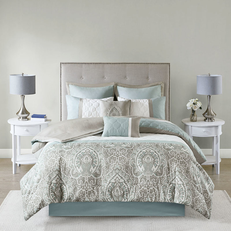 Collection d'édredon pour très grand lit 8 pièces - taies décoratives européennes de style transitionnel et 1 oreiller carré jaune, gris et taupe