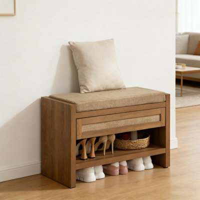 Boho Farmhouse Rattan Shoe Bench With Drawer