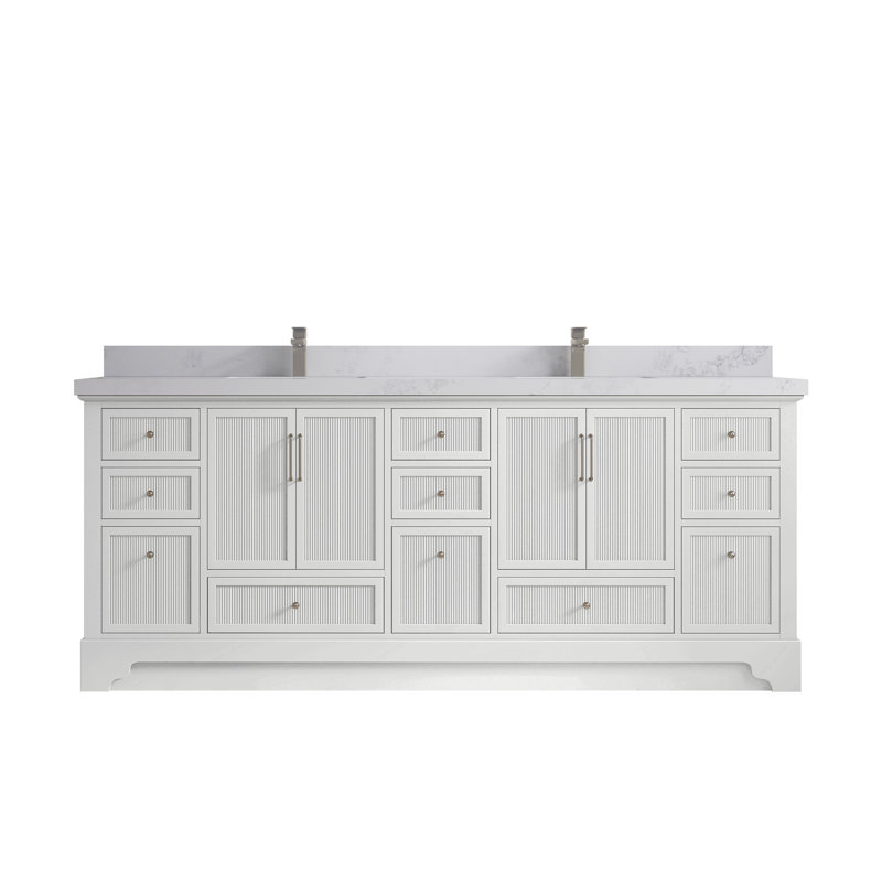 Alys l 84 po x P 22 po. Meuble-lavabo double Alys avec quartz 2 po (option poignées), Calacatta Nuvo