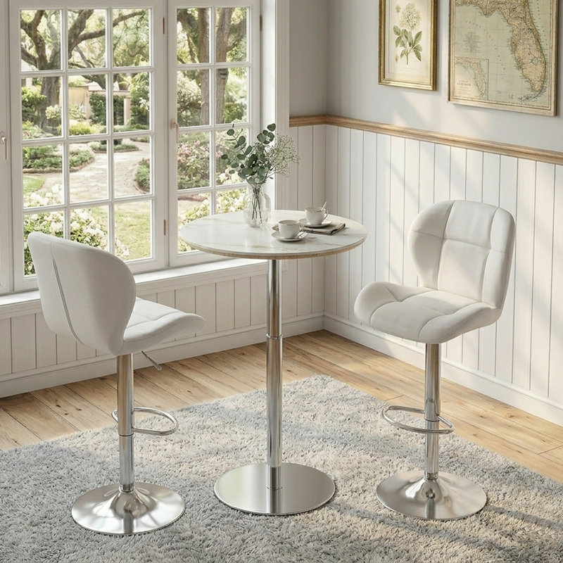 Ensemble de table et tabourets avec 2 tabourets de bar en cuir, Argent, blanc