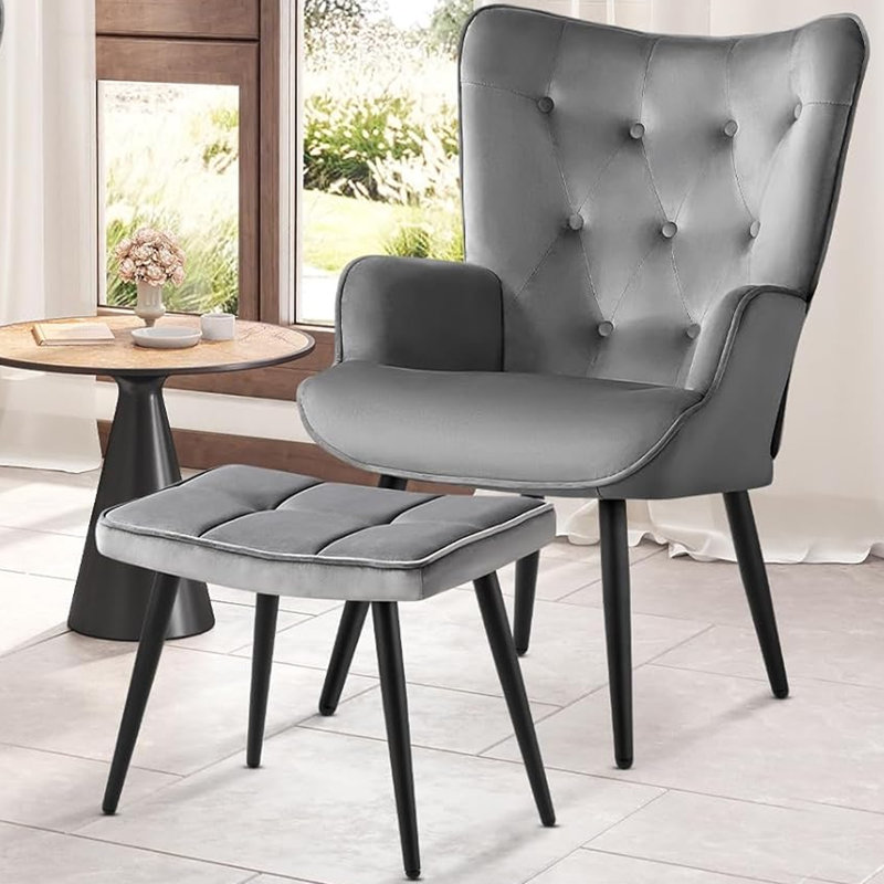 Fauteuil à oreilles et repose-pieds capitonnés, Gris