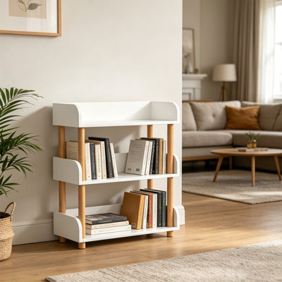 Bibliothèque moderne en bois ouverte, bibliothèque à 3 niveaux avec rebord supérieur et structure en bois massif