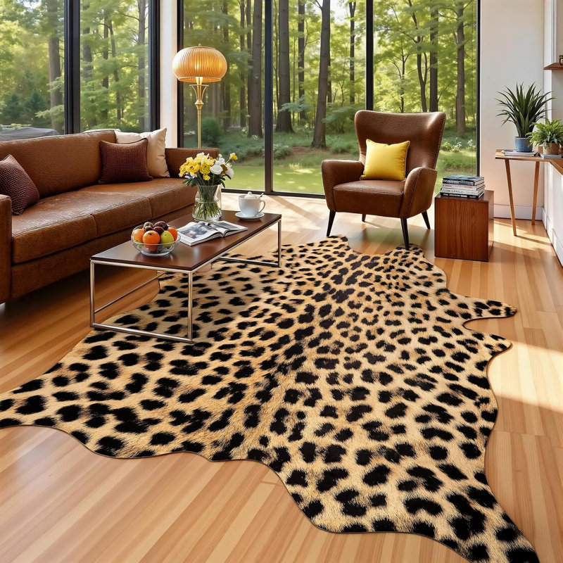 Tapis en fausse fourrure de qualité supérieure à imprimé léopard 6,2 x 7 pieds antidérapant