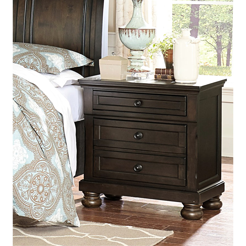 Table de chevet de chambre à coucher en brun grisâtre - 2 tiroirs, bois d'ingénierie, élément décoratif en bois avec glissières à teinte, ornementales