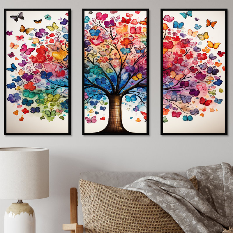 Arbre coloré abstrait 2 - Art mural africain, H 28 po x l 36 po x P 1 po, Cadre flottant noir