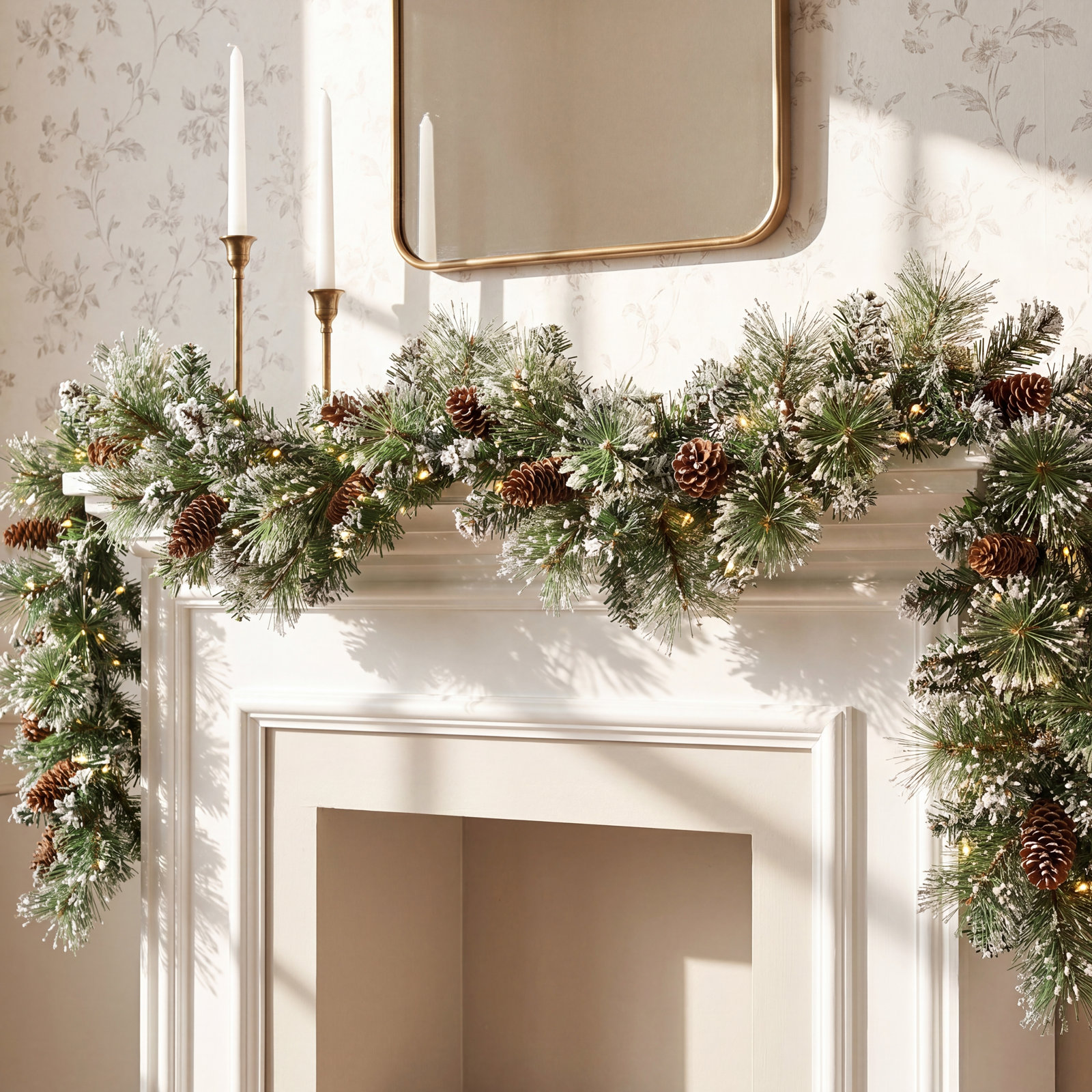 Placide 9' Pre-Lit Frosted Greenery Pinecones Christmas Garland with Lights