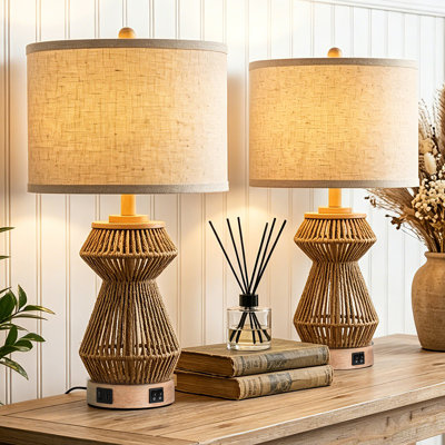 Ensemble de 2 lampes de table en corde tissée à la main 24 po avec veilleuse et deux ports USB A + C Boho