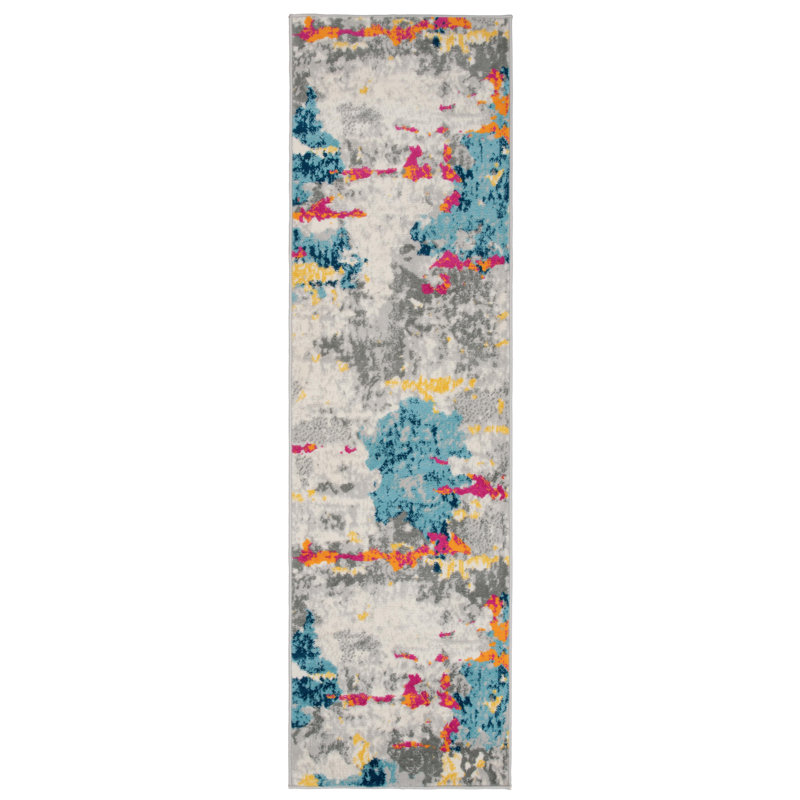 Tapis abstrait bleu / rose / orange Riegelsville, Tapis de couloir de 2 pi x 7 pi