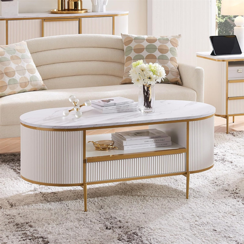 Table basse ovale avec rangement Roseellen, Blanc / marbre gris clair, Blanc