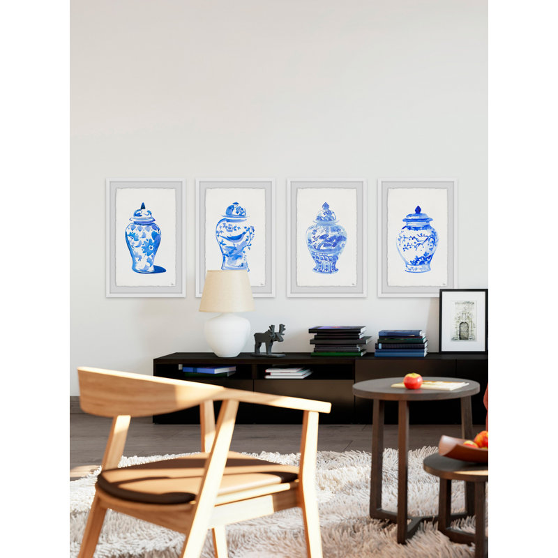 « chine vases iv quadriptych », ensemble de 4 reproductions de peintures à l’aquarelle encadrées, H 12 po x l 8 po x L 1,5 po