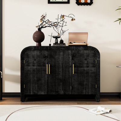 Antique Black Sideboard With Gold Handles For Living - Retro Minimalist, Adjustable Shelves Minimalist Black, Handles, Dividers Area
