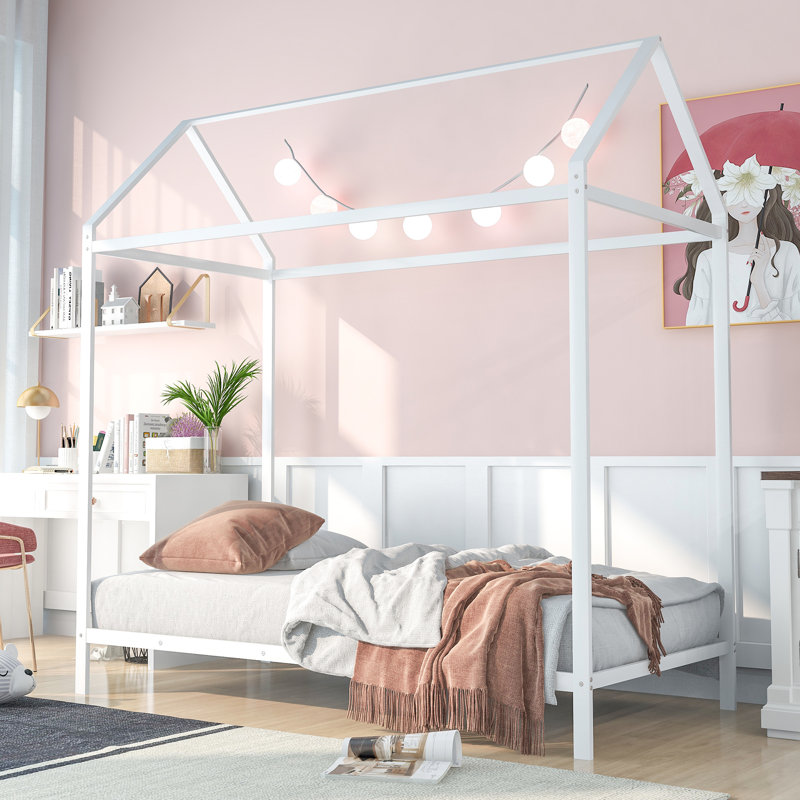 Wolfville House Bed Frame Twin Size , Kids Bed Frame Metal Platform Bed Floor Bed, White
