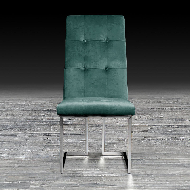 19'' H Velvet Upholstered Side Chair, Silver, Dark Green