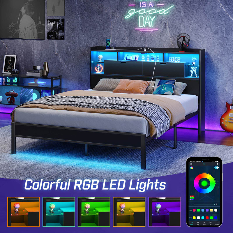 Zohreh Metal Bookcase Storage Bed with RGB LED Lights and Charging Station, Twin/Single
