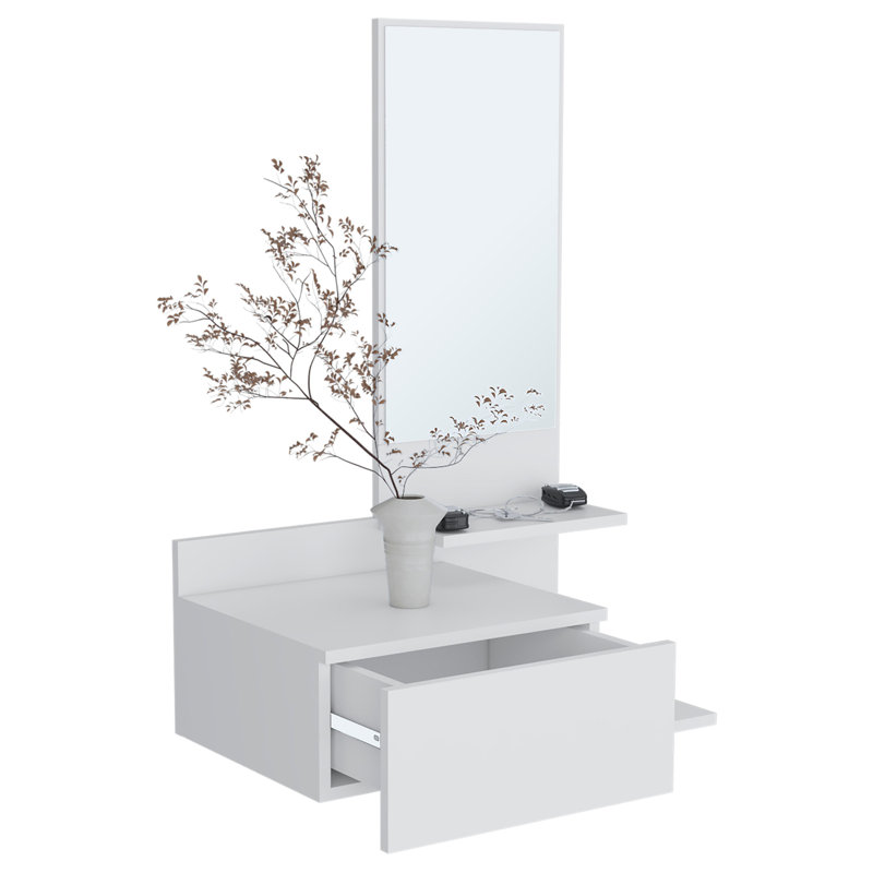 Console à miroir flottant à 3 niveaux avec tiroir pleine extension, Blanc