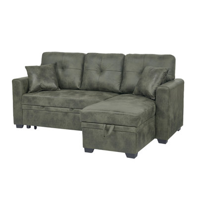 Sleeper Sofa, Sectional with Pull-Out Bed, Reversible Chaise, Storage Sectional,  Olive Green breathable  fabric, Small Space Solution, Convertible Sofa Bed, Living Room Furniture, L-Shaped Sofa
