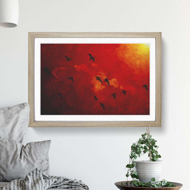 Migratory Geese - Picture Frame Graphic Art, 48cm H x 65cm W x 2cm D, Oak Framed