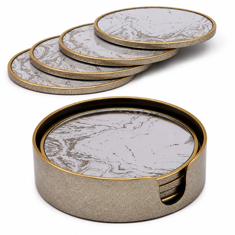Round 4 Piece Coaster Set With Holder