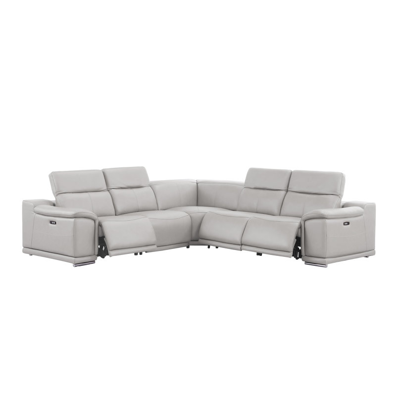 5-Piece L-Shaped Power Reclining Sectional In Genuine Leather – 3 Recliners, Light Gray Top Grain Leather