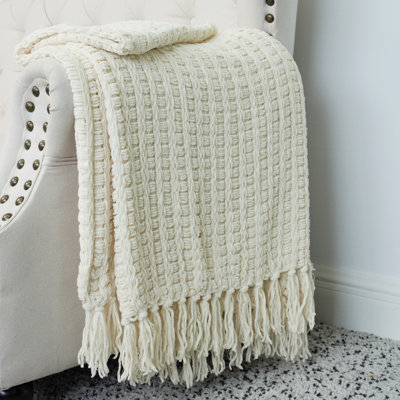 Knitted and Hand Woven Blanket with Fringe