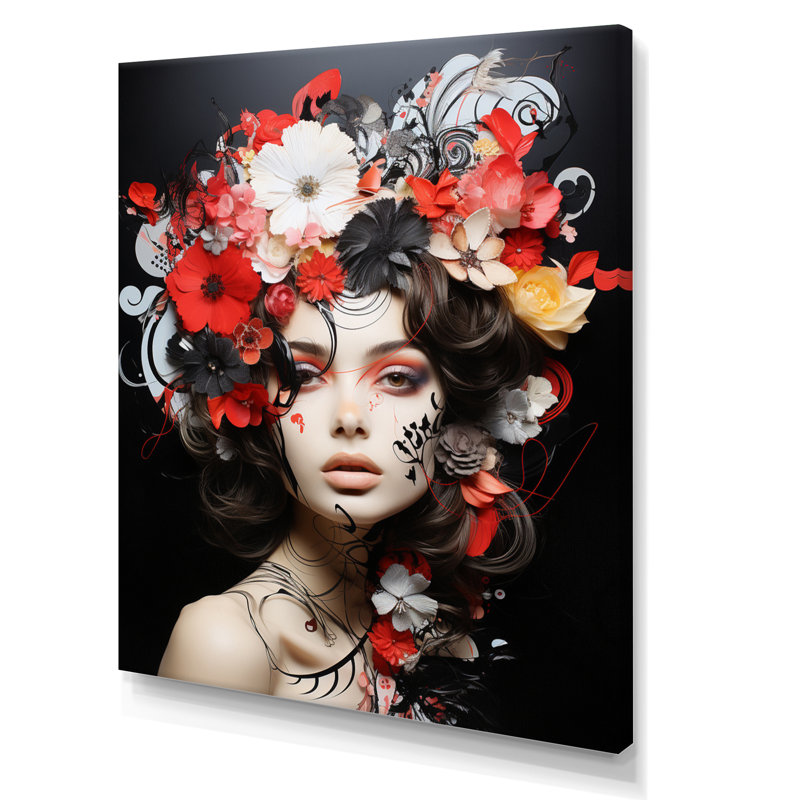 Noir, rouge, floral, mode, femme, H 44 po x l 34 po x P 1,5 po, Toile tendue