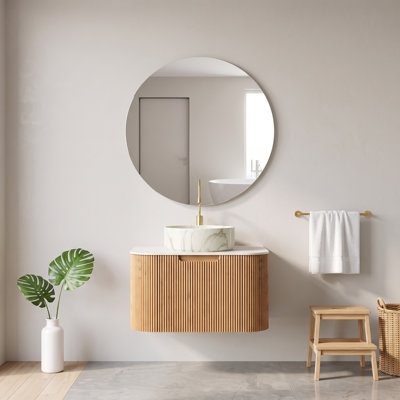 Meuble-lavabo mural de 24 po en contreplaqué, naturel, conception à bords arrondis avec tiroir de rangement imperméable et résistant à l'humidité, pré-assemblé