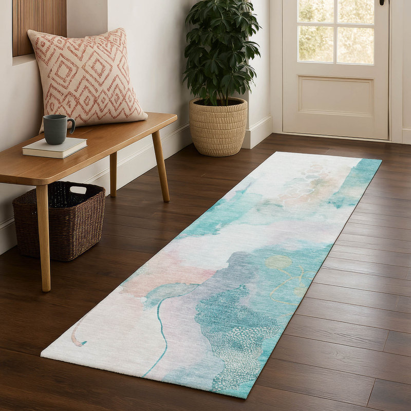 Tapis abstrait lavable à la machine de qualité supérieure Mayfield AMF2019, Turquoise, 1 pi 8 po x 2 pi 6 po