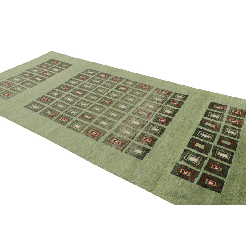 Rug & Kilim’S French Art Deco Style Rug In Green With Geometric Patterns, Rectangle 5'8" x 11'10"