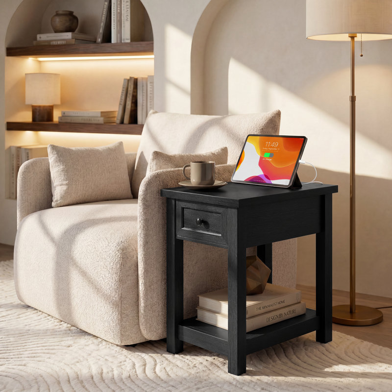 Table de bout en bois massif avec un tiroir et une station de charge, Noir, 1