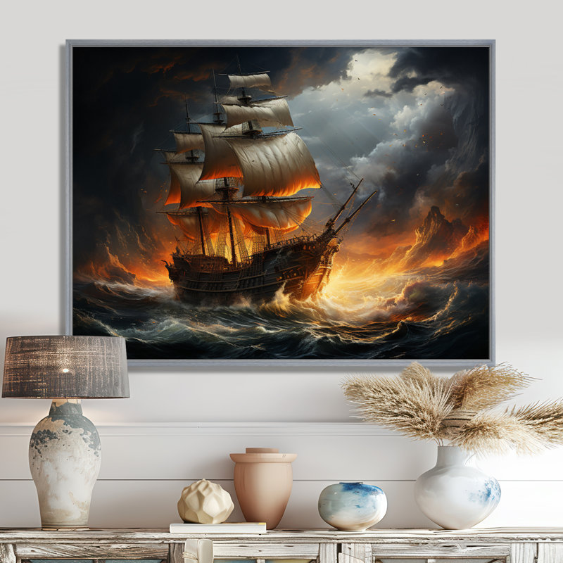 «Stormy Seas», art mural pirate, H 12 po x l 20 po x P 1 po, Cadre argenté flottant
