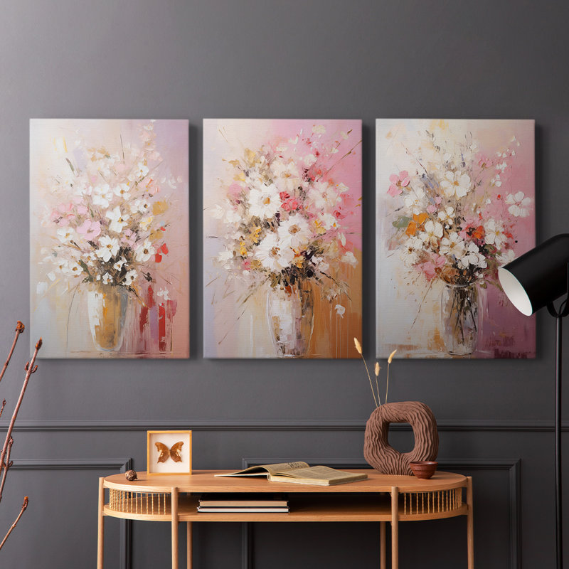 Étude florale CXIV - Ensemble de 3 toiles tendues avec châssis - Prêt à être accroché, H 27 po x l 18 po